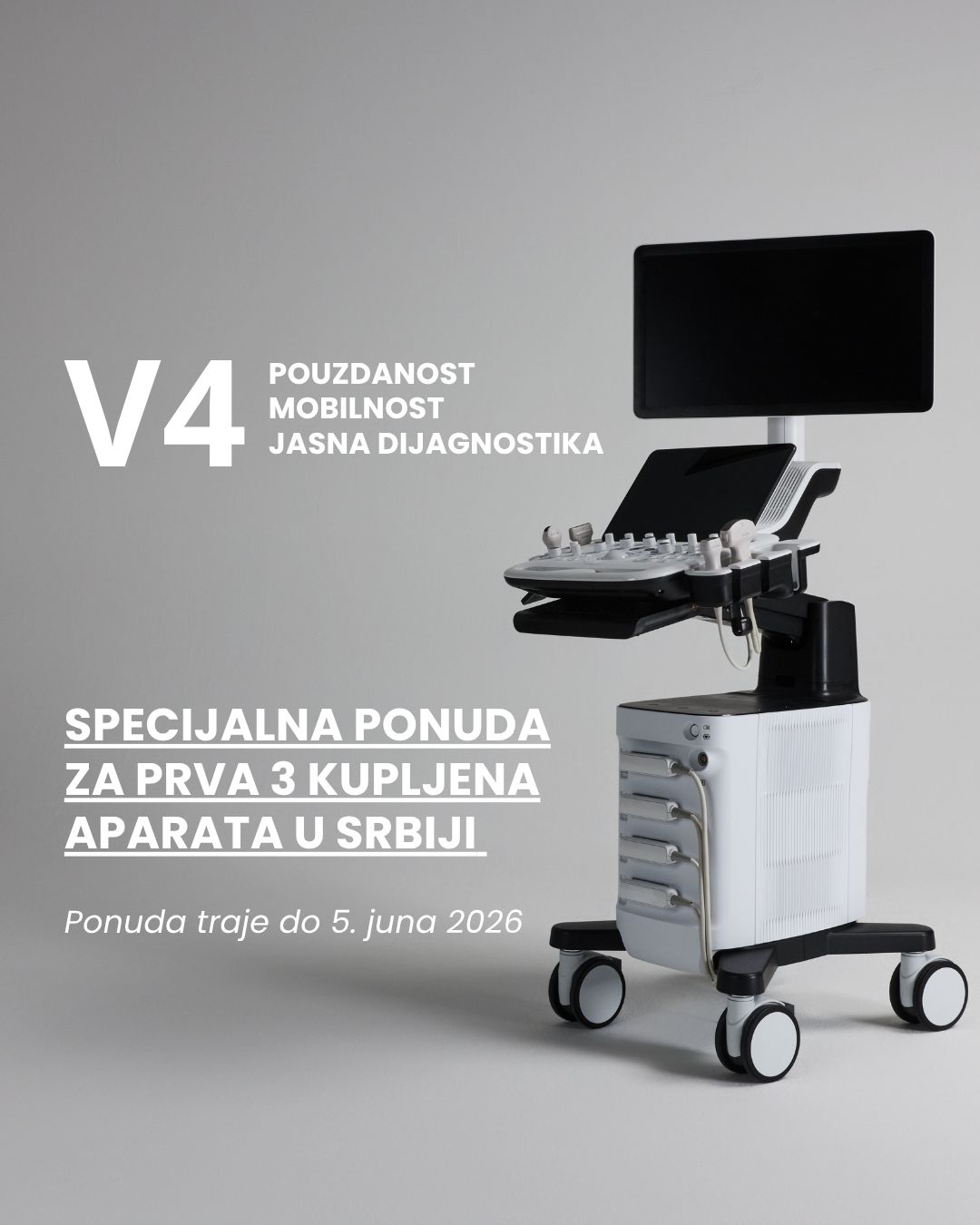 Tražite pouzdan i tehnološki napredan ultrazvuk?<br />
Predstavljamo Vam SAMSUNG V5 koji pomera granice svakodnevne dijagnostike.<br />
Dizajniran je za brze, precizne i automatizovane preglede u različitim oblastima medicine. Samsung V5 - najnoviji ultrazvučni sistem koji kombinuje vrhunski kvalitet slike, AI dijagnostiku i kompaktnu formu.<br />
SPECIJALNA PONUDA VAŽI do 25. novembra 2025.<br />
Zašto samsung V5?<br />
1. Pametniji ultrazvuk sa podrškom ai - veštačke inteligencije za bržu i precizniju dijagnostiku<br />
2. Neuporediva jasnoća slike za veću sigurnost u dijagnozi<br />
3. Brži protok rada, manje kliktanja, više fokusa na pacijenta<br />
4. Povezivost i saradnja u realnom vremenu<br />
5. Mobilnost i fleksibilnost u svakom prostoru<br />
6. 5D funkcije za ginekologiju i opštu dijagnostiku<br />
